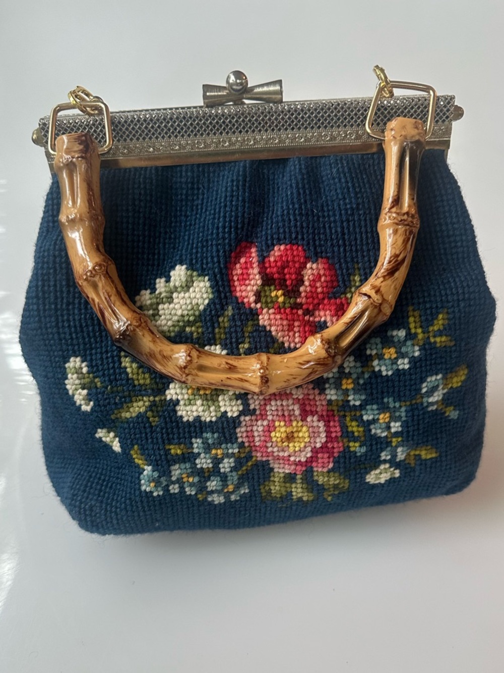 Vintage Floral Needlepoint Handbag with detachable Bamboo Handle - Navy 1950's